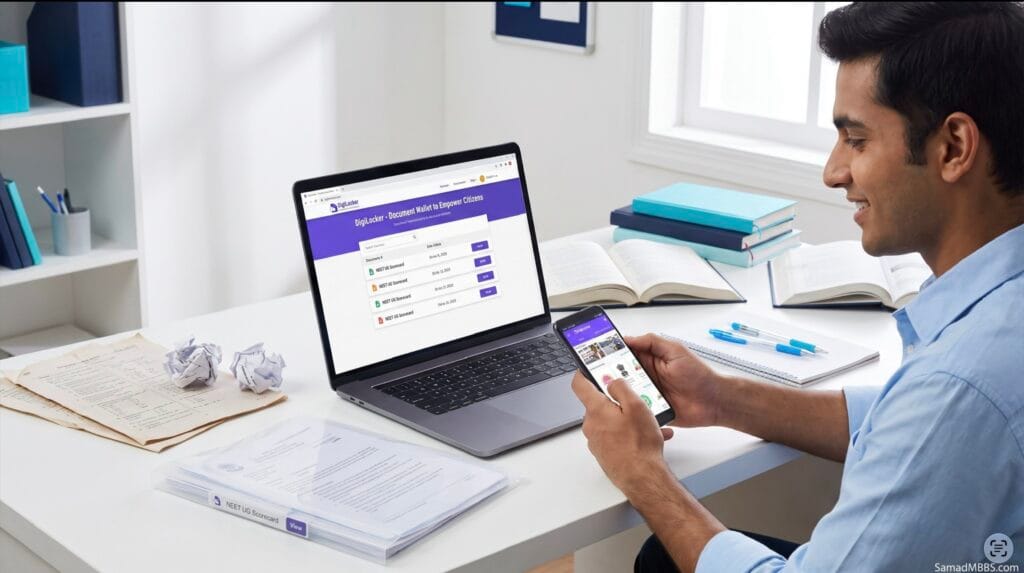 Student checking digilocker for neet ug scorecard.