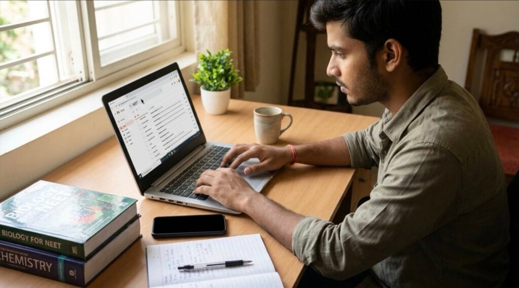 A student checking Gmail for recovering lost neet scorecard.